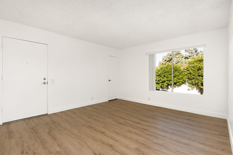 A room with a white door and a window with a view of trees outside.