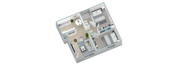 A 3D floor plan of a house with a kitchen, living room, dining room, and bathroom.