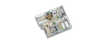 A 3D floor plan of a house with a kitchen, living room, dining room, and bathrooms.