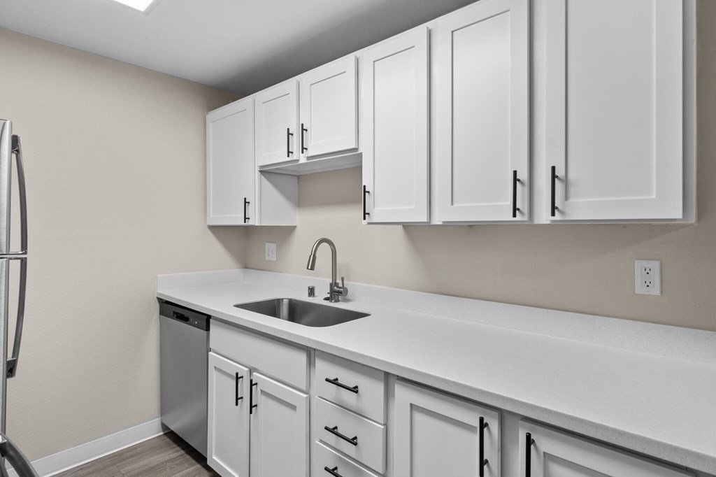 A kitchen with white cabinets and a stainless steel dishwasher.