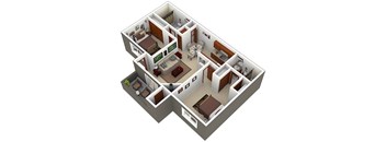 A 3D floor plan of a house with a kitchen, living room, and two bedrooms.