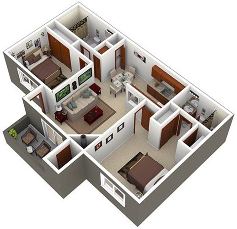 A 3D floor plan of a house with a kitchen, living room, and two bedrooms.