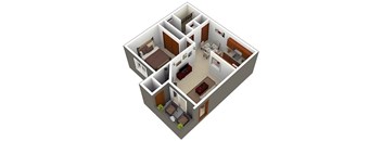 A 3D image of a small apartment with a bedroom, living room, and kitchen.