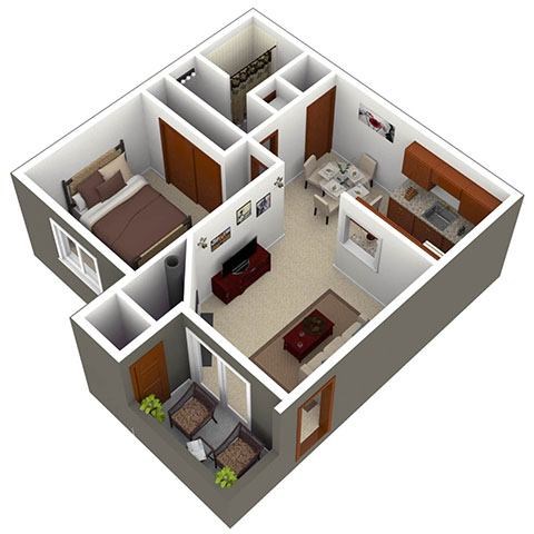 A 3D image of a small apartment with a bedroom, living room, and kitchen.