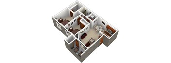 A 3D image of a house layout with rooms and furniture.