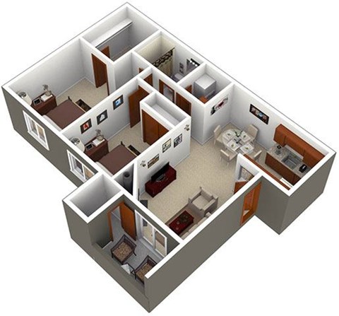 A 3D image of a house layout with rooms and furniture.