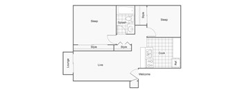 A floor plan of a house with a lounge, sleeping area, and a kitchen.