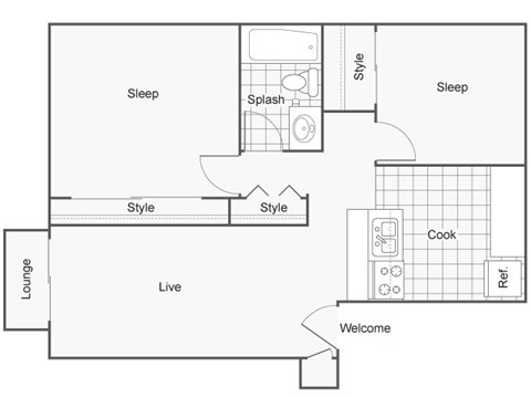 A floor plan of a house with a lounge, sleeping area, and a kitchen.