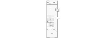 A floor plan of a house with a lounge, eating bar, kitchen, and sleeping area.