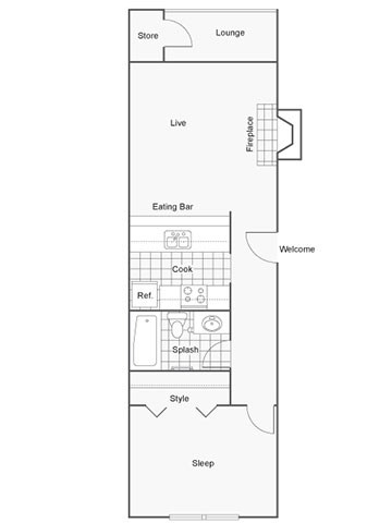 A floor plan of a house with a lounge, eating bar, kitchen, and sleeping area.