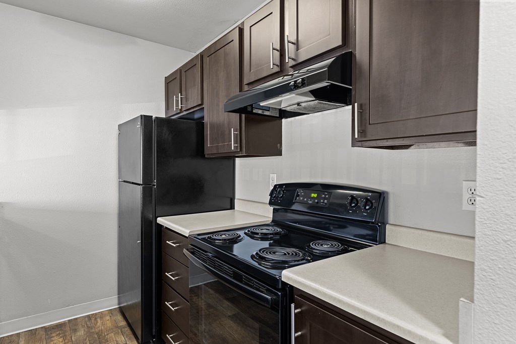 A black refrigerator and stove in a kitchen with brown cabinets.