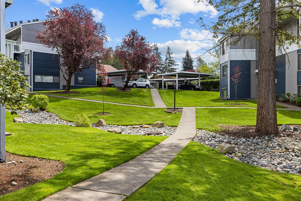 A pathway leads through a grassy area with a tree and a building in the background.