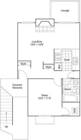 A floor plan of a one bedroom apartment with a lounge, kitchen, and bathroom.