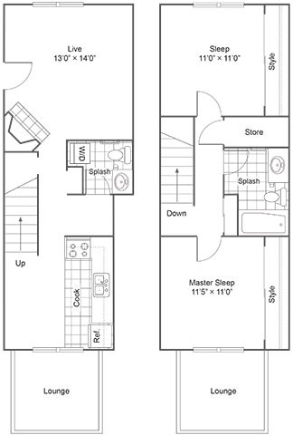 A floor plan of a two-story house with a lounge, kitchen, and two bedrooms.
