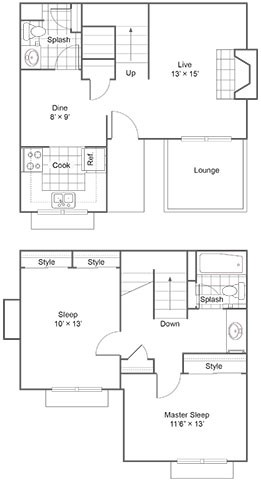 A floor plan of a two-story house with a living room, dining room, kitchen, lounge, and three bedrooms.