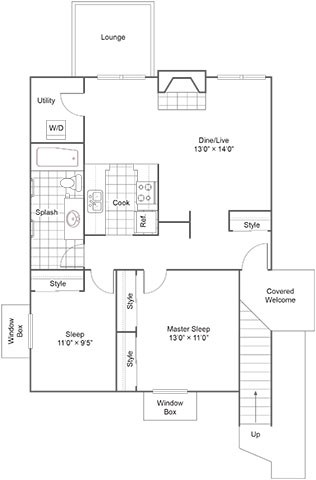 A floor plan of a house with a lounge, utility, sleeping area, and a covered welcome.