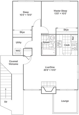 A floor plan of a house with a sleeping area, a lounge, a kitchen, a utility room, a covered welcome area, and a bathroom.