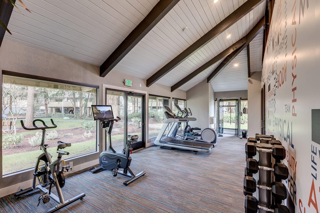 A gym with a variety of equipment including a treadmill, stationary bike, and dumbbells.