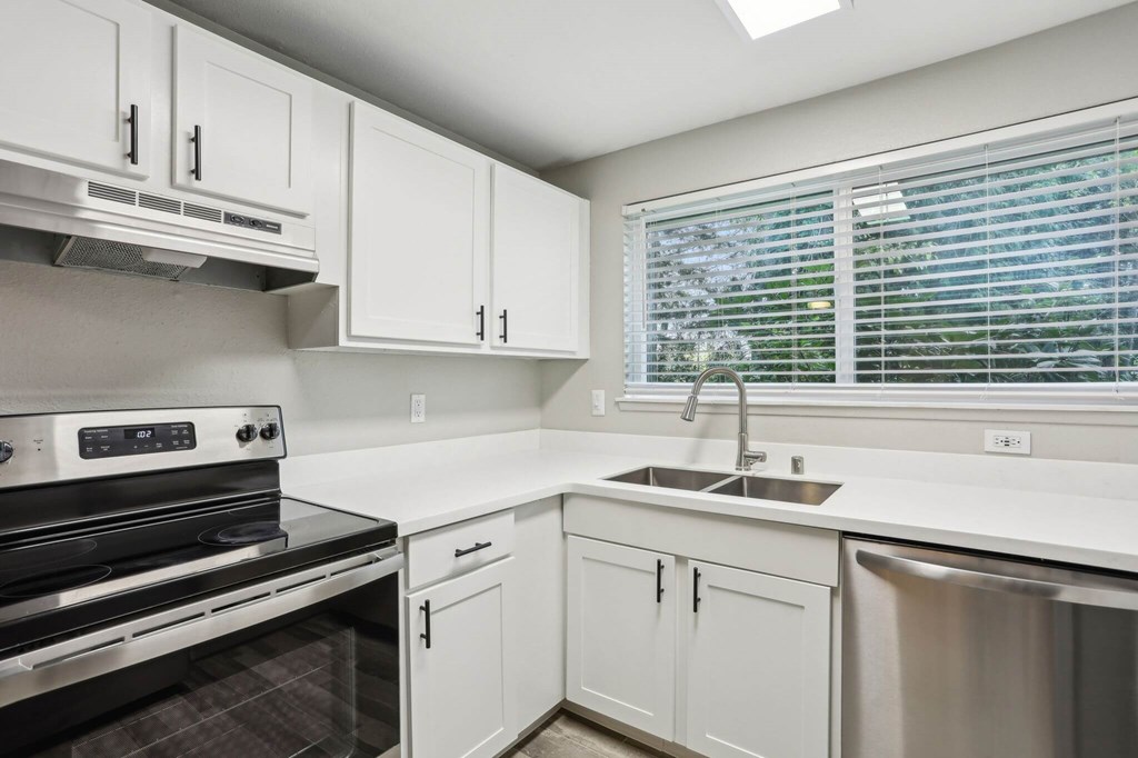 A kitchen with white cabinets and a stainless steel dishwasher.
