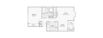 A floor plan of a small apartment with a bedroom, kitchen, and living room.