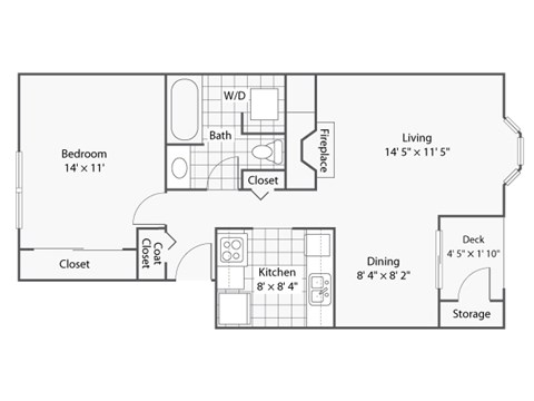 A floor plan of a small apartment with a bedroom, kitchen, and living room.