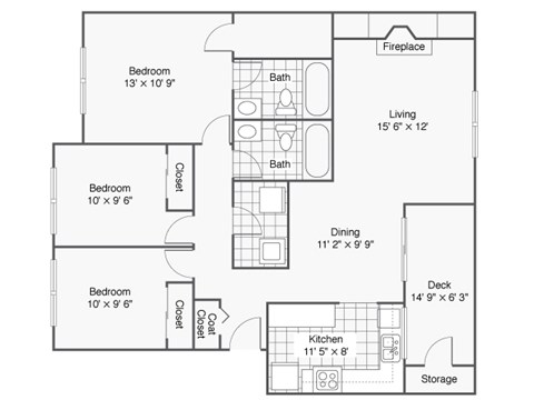 A floor plan of a house with three bedrooms, a living area, a dining area, a kitchen, a deck, a fireplace, and storage.
