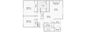 A floor plan of a small apartment with two bedrooms, a kitchen, and a living area.