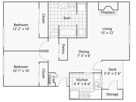 A floor plan of a small apartment with two bedrooms, a kitchen, and a living area.