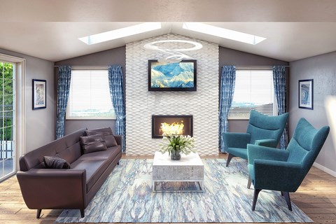 A living room with a fireplace and a painting on the wall.