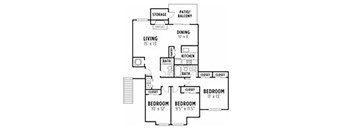 A floor plan of a home with three bedrooms, a living room, a dining room, a kitchen, a bathroom, and storage.