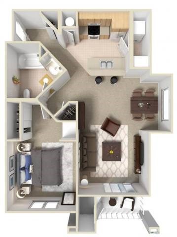 A 3D floor plan of a house with a kitchen, living room, and bedrooms.