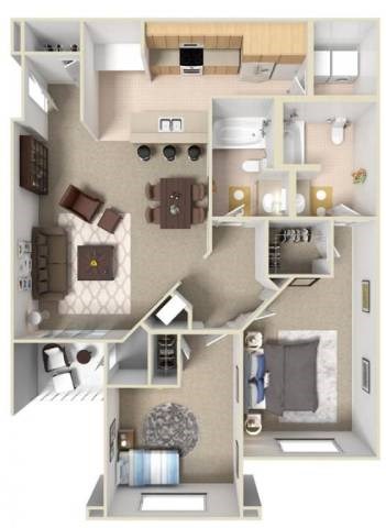 A 3D floor plan of a house showing a kitchen, living room, and bedrooms.