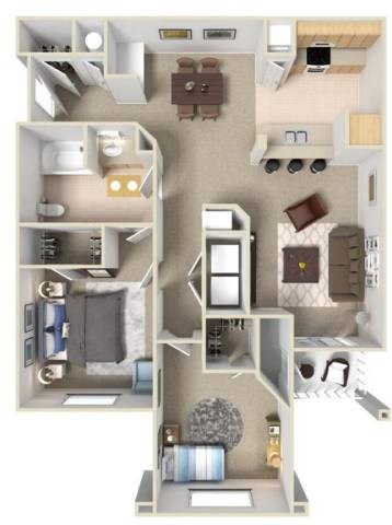 A 3D floor plan of a small apartment with a kitchen, living room, and bedroom.