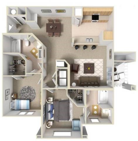 A 3D floor plan of a house with a living room, kitchen, and two bedrooms.