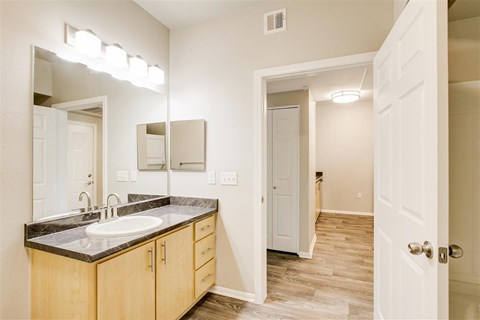 A bathroom with a sink, mirror, and wooden cabinets.