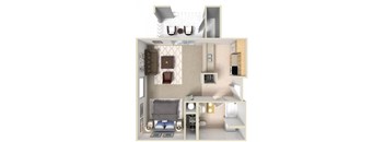 A 3D floor plan of a small apartment with a bedroom, living room, and kitchen.