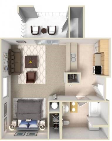 A 3D floor plan of a small apartment with a bedroom, living room, and kitchen.