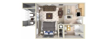 A 3D image of a bedroom with a bed, nightstand, and a desk.