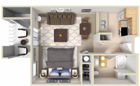 A 3D image of a bedroom with a bed, nightstand, and a desk.