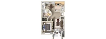 A 3D floor plan of a house showing a kitchen, living room, and two bedrooms.