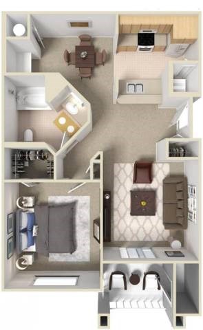 A 3D floor plan of a house showing a kitchen, living room, and two bedrooms.