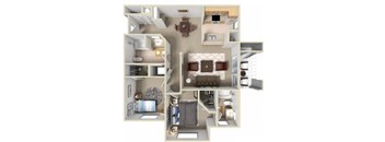A 3D floor plan of a house showing the layout of the rooms.
