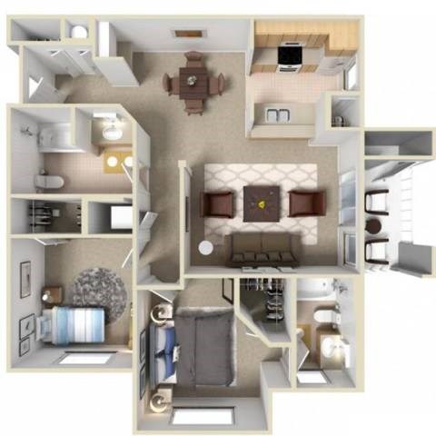 A 3D floor plan of a house showing the layout of the rooms.