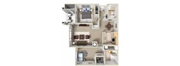 A 3D floor plan of a small apartment with a bedroom, living room, kitchen, and bathroom.