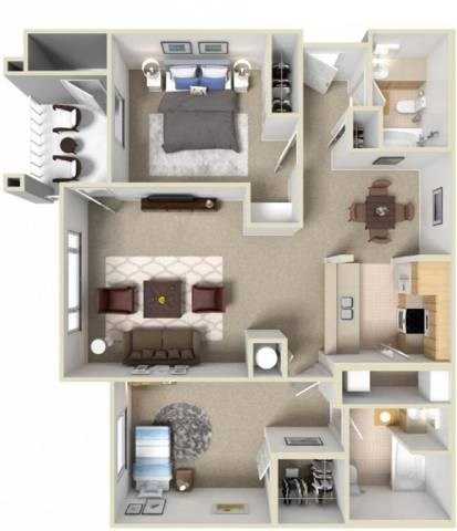 A 3D floor plan of a small apartment with a bedroom, living room, kitchen, and bathroom.