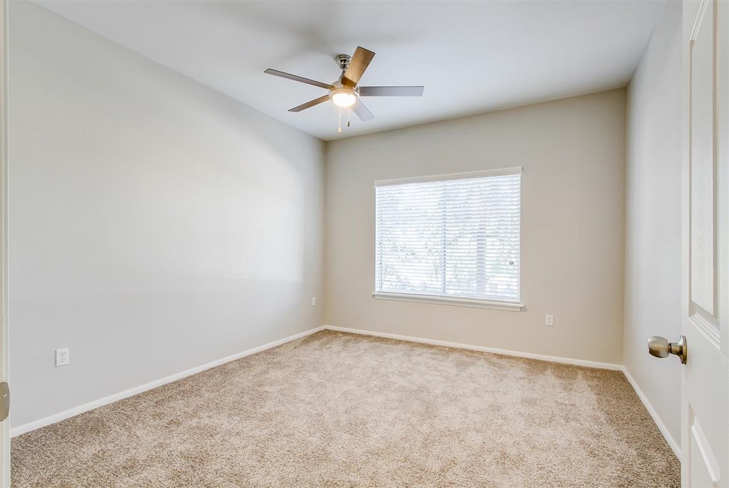 A room with a ceiling fan and carpeted floor.