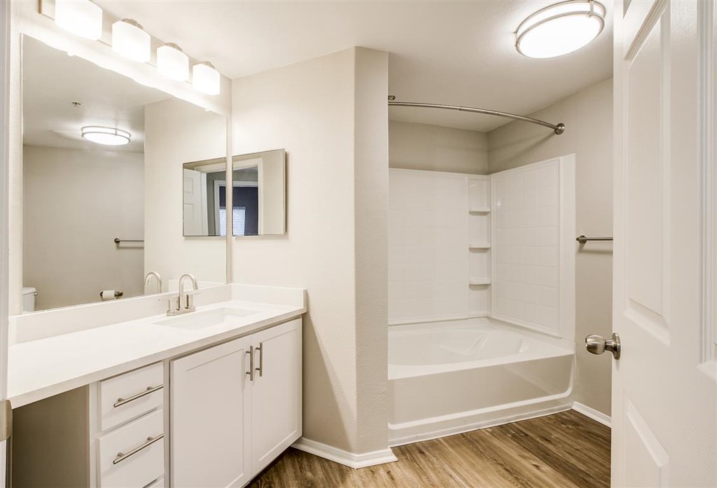 A white bathroom with a vanity, mirror, and shower.