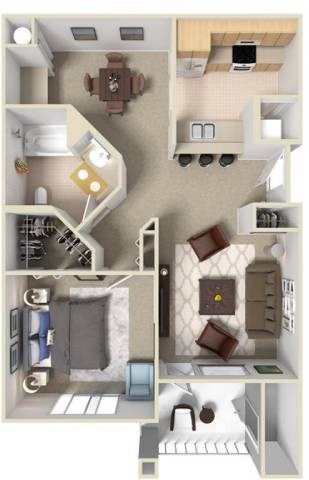 A 3D floor plan of a small apartment with a kitchen, living room, and bedroom.