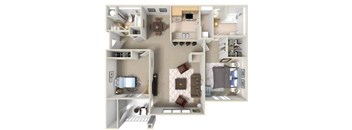 A 3D floor plan of a small apartment with a kitchen, living room, and bedroom.