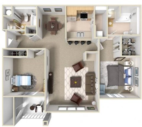A 3D floor plan of a small apartment with a kitchen, living room, and bedroom.